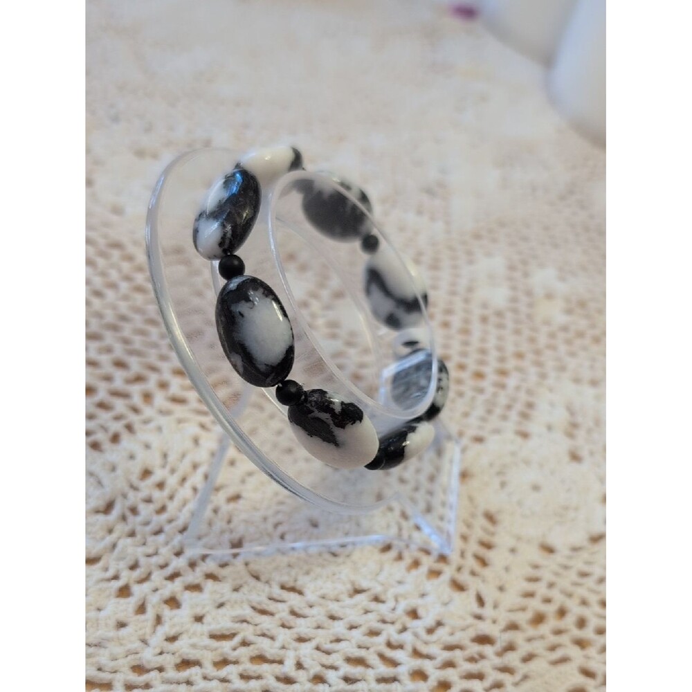 Handmade Natural Zebra Jasper And Black Onyx Stretch Bracelet